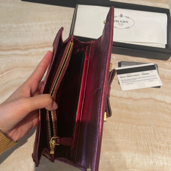AUTHENTIC Prada Long Tessuto Burgundy Wallet Crossbody WOC - Picture 10 of 12